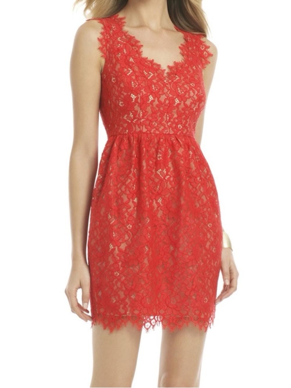Shoshanna Sierra Womens 4 Red Lace Cocktail Dress Nude Lined V Neck Pockets